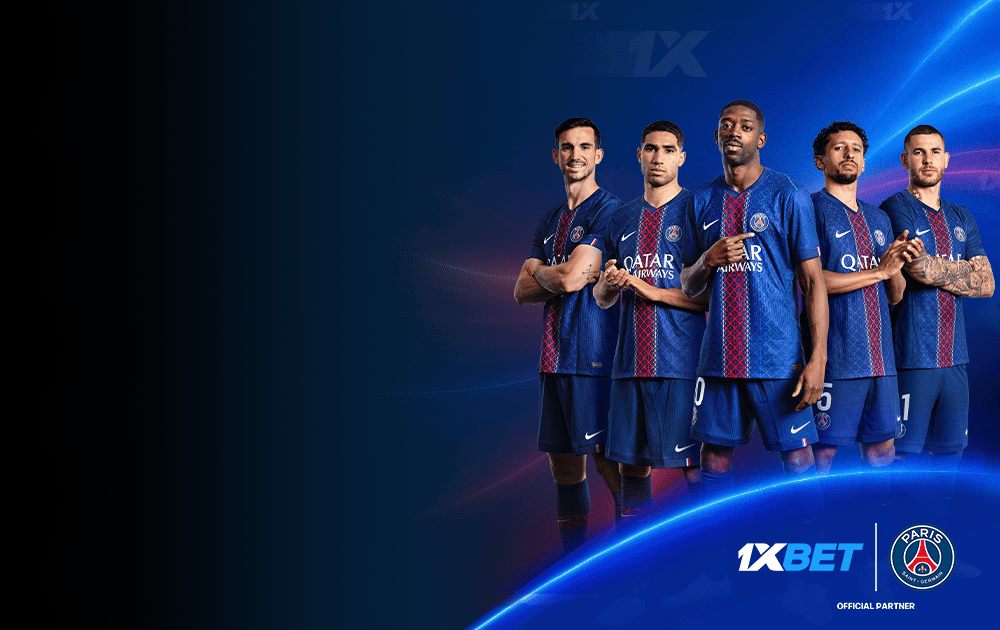 Official football sponsorship banner illustrating 1xBet as an established betting platform